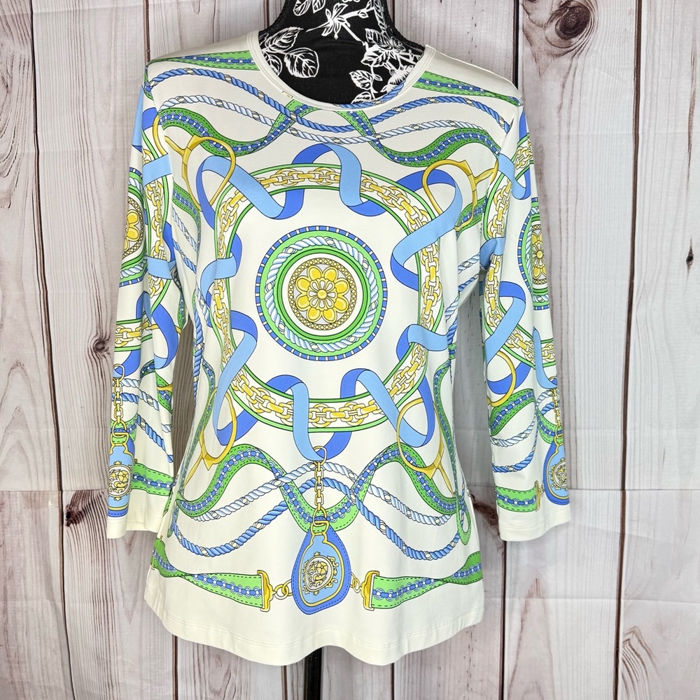 Women’s Cream Long Sleeve Printed Top with Blue & Green Chain Motif